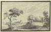 Hügelige Landschaft mit Fluß, Bäumen und Häusern (1744)