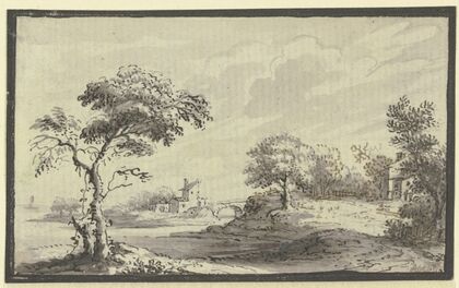 Hügelige Landschaft mit Fluß, Bäumen und Häusern (1744)