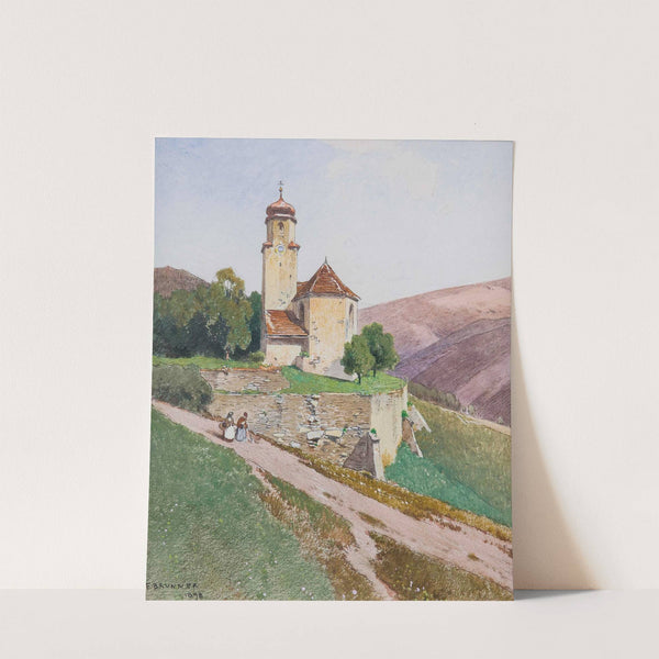 Hügelige Sommerlandschaft mit Kapelle und Personenstaffage by Ferdinand Brunner