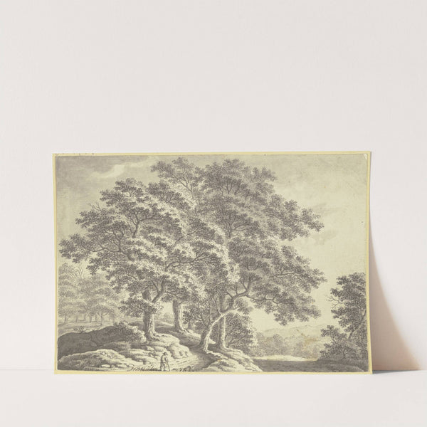 Hügelige Waldlandschaft mit einem Wanderer im Vordergrund (1782) by Johann Heinrich Bleuler