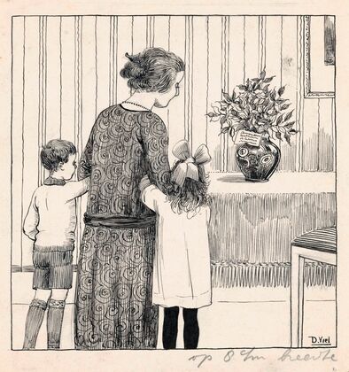 Huib, Zus en Moes kijken naar een boeket met hulst (1924)