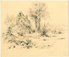 Huis met bomen en waterpomp aan de voet van de duinen