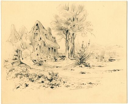 Huis met bomen en waterpomp aan de voet van de duinen