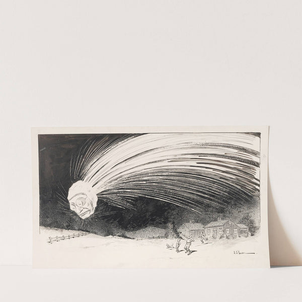 Human-faced meteorite streaks across night sky as family rushes from farmhouse. by John Samuel Pughe