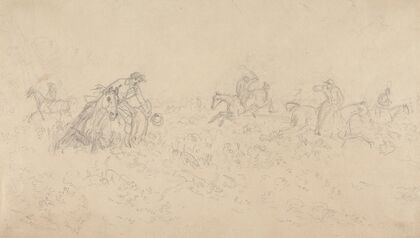 Hunt Followers and Hounds Moving to Right Through Undergrowth