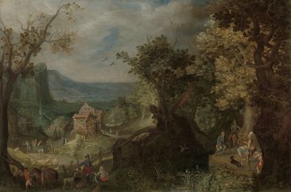Hunter and Horsemen on a Wooded Road, with a Village in a Valley beyond
