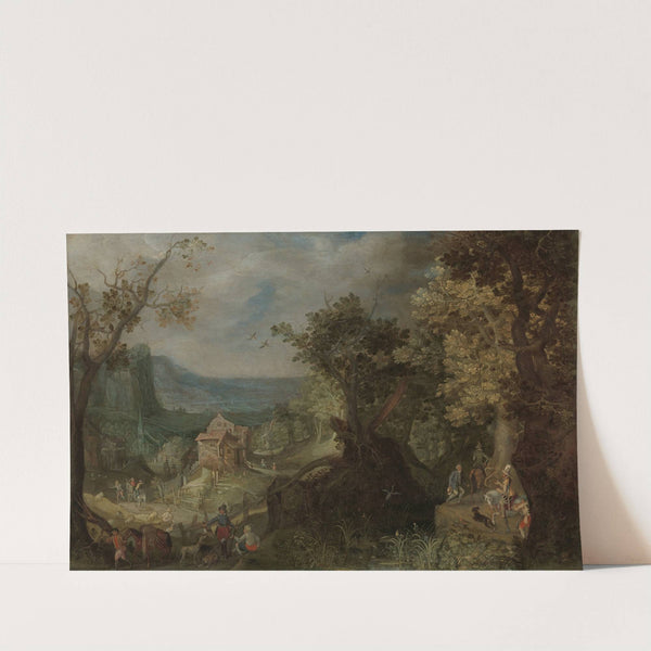 Hunter and Horsemen on a Wooded Road, with a Village in a Valley beyond by Anton Mirou