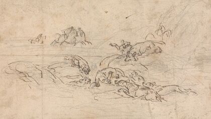 Hunters approaching a lion being held at bay by hounds