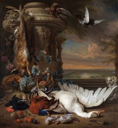 Hunting and Fruit Still Life next to a Garden Vase, with a Monkey, Dog and two Doves