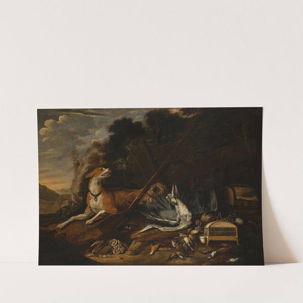 Hunting scene with a hound, a dead heron, feathered game, a birdcage, and a rifle by Johannes Kuveenis the Elder