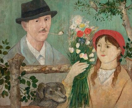 Idyll beside a fence (Self-portrait, girl with flowers and dog)