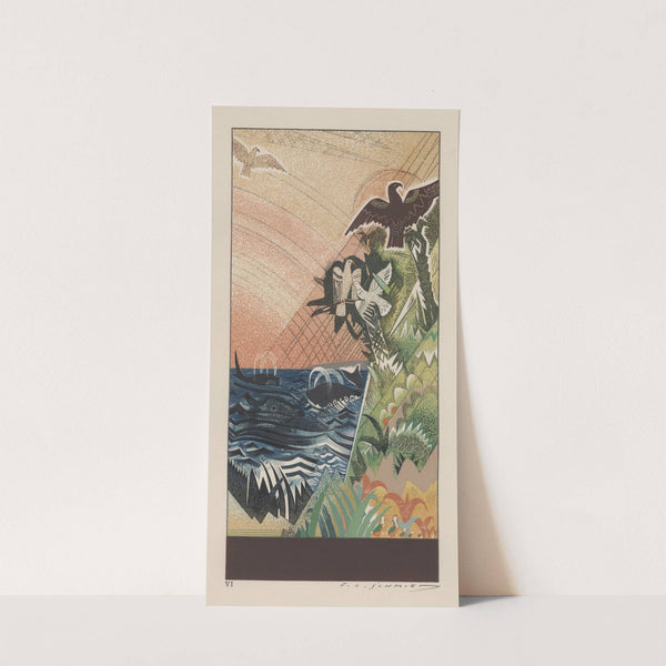 Illustration of ocean and land scene with birds and whales by Francois-Louis Schmied