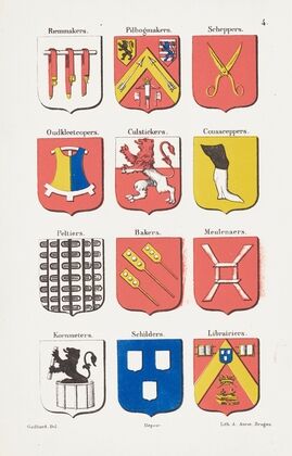 Illustration Page from ‘De ambachten en neringen van Brugge’ by Gailliard; The Coats of Arms of the Guilds Plate 4. (1854)