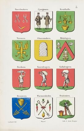 Illustration Page from ‘De ambachten en neringen van Brugge’ by Gailliard; The Coats of Arms of the Guilds Plate 5. (1854)