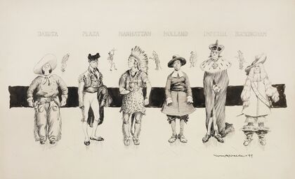 Images of several proud men, with small images of them doing menial tasks in the backgroun (1897)