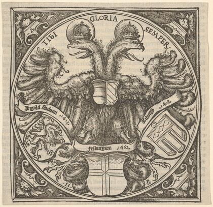 Imperial Double Eagle with the Coat of Arms of Ingolstadt, Freiburg, and Tübingen, from Joan (1516)