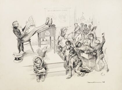 In a classroom, Uncle Sam is the teacher, ignoring the students and reading about finance (1899)