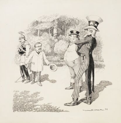 In a forrest, Uncle Sam and a man representing Great Britain talks with a man in military uniform and a small man in a suit. (1899)