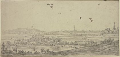 In der Ferne eine Stadt, links ein Haus im Wasser, vorne ein Schafhirte