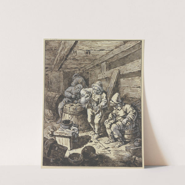 In einem niedrigen, holzverkleideten Raum mit Fässern sitzt rechts ein Bauer, nach seinem Kumpan schauend, der Wein einschenkt by Johann Albrecht Dietzsch