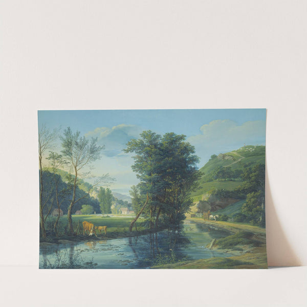 In einem Tal, das ein Bach durchströmt, mehrere zerstreute Häuser, auf dem Wege ein Fuhrwerk mit einem Schimmel, links eine Kuh mit einem Kalb (1809) by Anton Radl