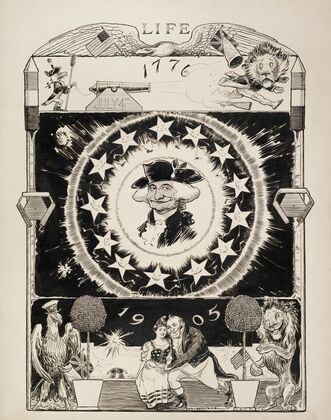 In the center of the image is George Washington, smiling. In the top, the American eagle with a cannon defeats the British lion on July 4, 1776 (1905) — size preview
