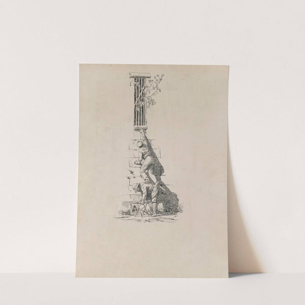 Initial I [man reaching up to window ledge, boosted on another’s back] (1882-1886) by Milton J. Burns