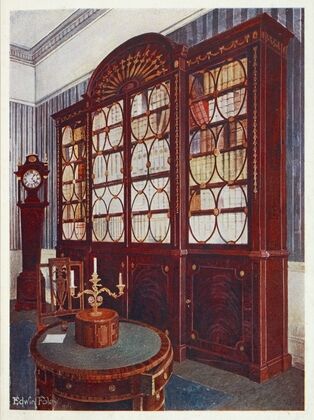 Inlaid mahogany break-front bookcase, Mahogany pedestal centre table
