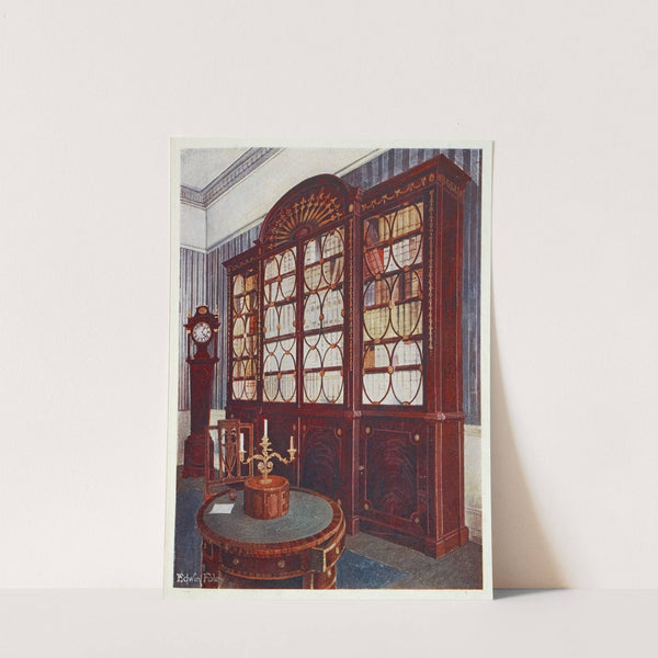 Inlaid mahogany break-front bookcase, Mahogany pedestal centre table by Edwin Foley