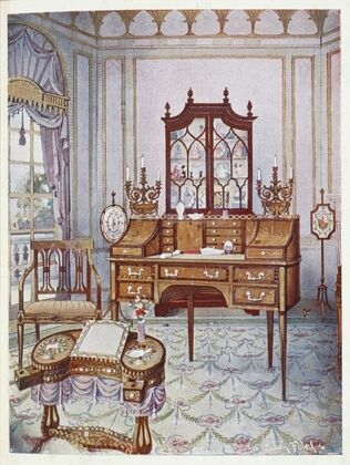 Inlaid mahogany cylinder-fall china and book case, D-shaped satinwood drawing and writing table