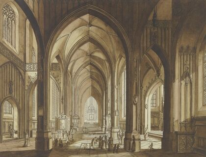 Inneres einer dreischiffigen gotischen Hallenkirche mit Blick auf den Chor