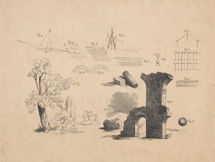 Instructional plate for drawing with geometric figures, trees, and a chimney
