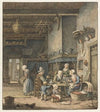 Interieur met boerenfamilie rond tafel