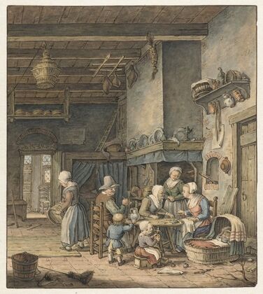 Interieur met boerenfamilie rond tafel