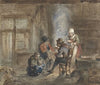 Interieur met een familie rond een haard