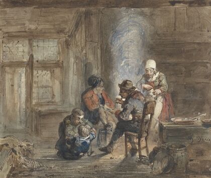 Interieur met een familie rond een haard