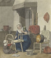 Interieur met een spinnende vrouw met een kind
