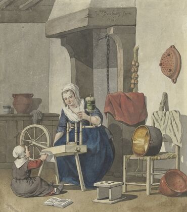 Interieur met een spinnende vrouw met een kind