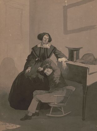 Interior domestic scene with woman and child (1857)