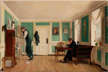 Interior from Amaliegade. Captain Carl Ludvig Bendz standing and Dr. Jacob Christian Bendz seated