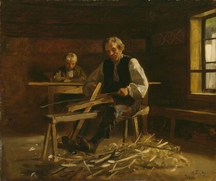 Interior from Vikøy with Farmer making Barrel Hoops (1873)