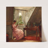 Interiør med Anna Augusta Åhman, der syr ved et vindue by Carl von Schmidt-Phiseldeck