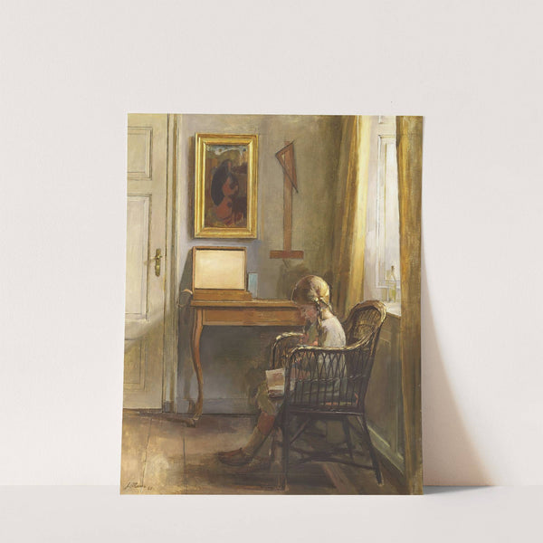Interiør med læsende pige ved vindue by Johannes Ottesen