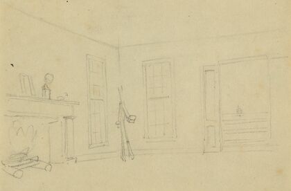 Interior of room showing fireplace & windows
