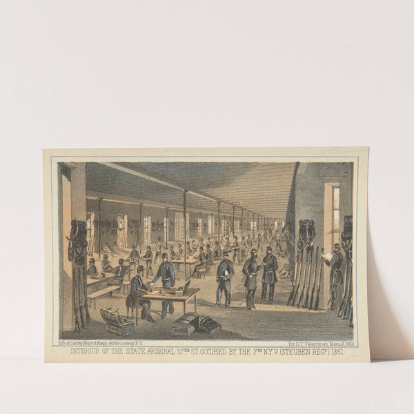 Interior of the State Arsenal 57th St. occupied by the 7th N.Y.V (Steuben Regt.) 1861. (1862) by Sarony, Major &amp; Knapp Lith.
