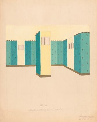 Interior perspective drawings of Hotel Siwanoy, Mount Vernon, NY.] [Interior perspective study of Grill in yellow, blue, and green]
