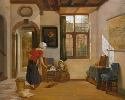Interior with a maid, a girl with a dog, and a map of dordrecht