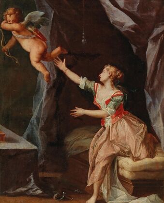 Interior with a woman and Amor flying away