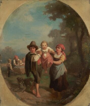 Italian children at play with dog