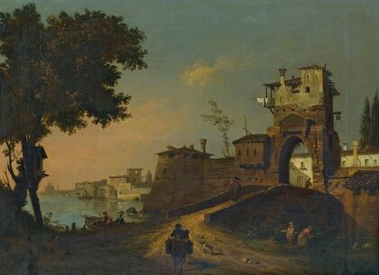 Italian Landscape With Figures Entering A Fortified Waterside Town
